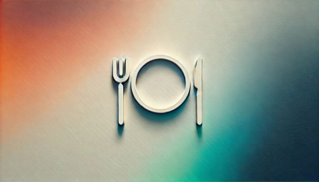 Modern minimalist illustration featuring a gradient background and an icon of a plate with a fork and knife, representing mindful eating and portion control after gastric sleeve surgery.